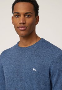 Blauwe gebreide trui met een ronde hals en een gestructureerde stof, met een klein wit hondenlogo op de linkerkant van de borst.