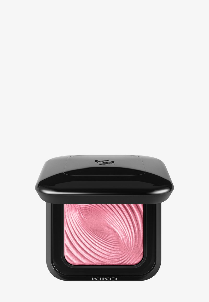 KIKO kosmetikk compact med en glanset svart overflate. Inneholder et rosa, virvlet pudder med en skimmerfinish. Firkantet form, glatt tekstur.