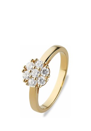 Gold ring with a cluster of seven round clear gemstones arranged in a floral pattern on the band.