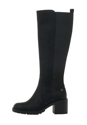 Stivali neri in suede al ginocchio con finitura liscia, pannelli laterali elasticizzati e tacco a blocco testurizzato per stabilità.
