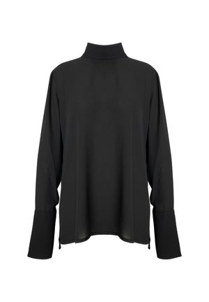 Zwarte lange mouw shirt met een hoge kraag, gemaakt van licht gewicht stof. Heeft brede mouwen met aangesloten manchetten en zijsplitten aan de zoom.