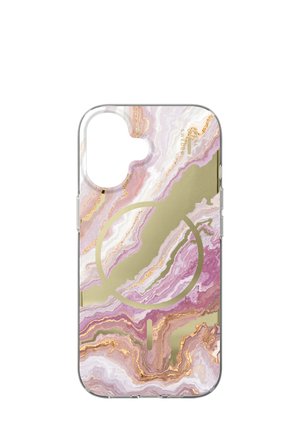 Custodia per telefono trasparente con motivo marmo rosa, viola e oro e un design circolare dorato al centro.
