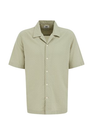 Short-sleeve shirt in light green with a textured pattern. Features a classic collar and button closure down the front.
