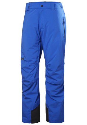 Blaue wasserdichte Skihosen mit einem geraden Schnitt. Ausgestattet mit Seitentaschen, verstärkten schwarzen Akzenten am Saum und einem Knopfverschluss.