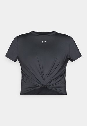 Schwarzes sportliches T-Shirt aus glattem Stoff mit kurzen Ärmeln, einem geknoteten Frontdesign und einem weißen Nike-Logo auf der Brust.