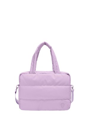 Sacoche d'ordinateur portable matelassée violet clair avec deux poignées et une bandoulière ajustable, présentée sur fond blanc.