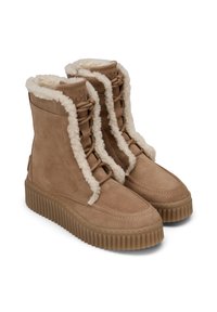 Ζευγάρι ταμπά σουέντ χειμερινά μποτάκια με λευκή επένδυση από τεχνητή γούνα και κορδόνια, με ραβδωτές ελαστικές σόλες για καλύτερη πρόσφυση, τοποθετημένα δίπλα-δίπλα.