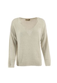 Suéter tejido de color beige claro con escote en V, mangas largas y corte holgado. Presenta un patrón texturizado con un material suave y transpirable.