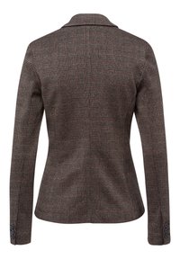 Blazer a quadri marrone, vestibilità slim, colletto a risvolto, maniche lunghe, polsini con tre bottoni, tessuto testurizzato, con un sottile motivo a quadri.