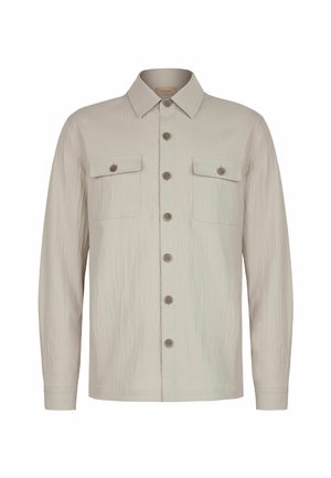 Hellbeiges Langarmhemd mit Knöpfen vorne und zwei Brusttaschen mit Knöpfen, mit klassischem Kragen und strukturierter Stoff.