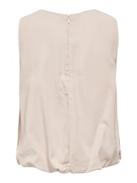 Blouse sans manches beige avec une fermeture éclair au dos et un ourlet légèrement froncé, exposée sur fond blanc.