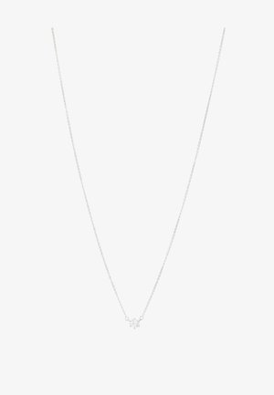 Sidabrinė grandinėlė su maža skaidria brangakmeniu centre, turinti subtilų dizainą ir glotnią tekstūrą.