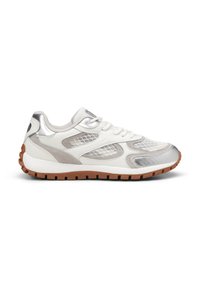 White sneaker with metallic silver accents, mesh panels, and a textured rubber sole. Features lace-up closure and subtle branding detail.