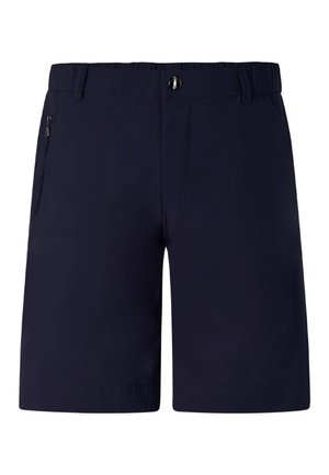 Marineblauwe korte broek met knoopsluiting aan de voorkant, riemlussen en een ritssluiting aan de rechterzijde, weergegeven tegen een witte achtergrond.