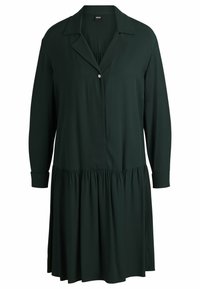 Dunkelgrünes, langärmliges Kleid aus glattem Stoff. Verfügt über eine geknöpfte Blende, einen Kragen und einen gerafften, gestuften Rock.