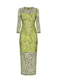 Rochie lungă din material transparent cu mâneci lungi, de culoare verde lime vibrant, cu un model cu dungi de zebră în nuanțe de negru și gri, având o siluetă ajustată și guler rotund.