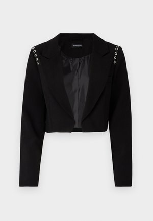 Geknipt zwart blazer met een gekartelde kraag, voorzien van zilveren oogjes op de schouders en een gladde binnenvoering. Tailored ontwerp, gestructureerde pasvorm.