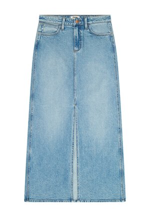 Lys blå midilengde denimskjørt med frontsplitt, fem lommer, beltehemper og Wrangler-merke på midjebåndet.