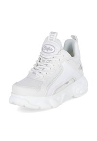 White sneaker with mesh and synthetic leather upper, chunky sole, logo accents, round toe, and lace-up closure. Textured details throughout.