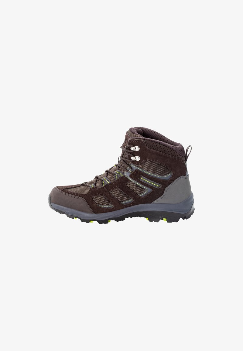 Brown hiking boot featuring mesh and suede materials, high-top design, traction rubber sole, and contrasting green accents.