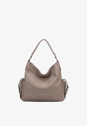 Borsa a tracolla in pelle color talpa con manico superiore largo, due tasche laterali con patta e logo del marchio discreto al centro davanti.