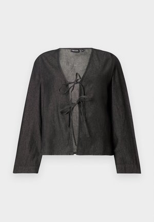 Svart lett bluse med lange ermer, V-hals og knytelukking foran. Glatt tekstur, enkelt design, uten synlige mønstre.