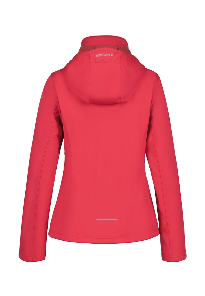 Czerwona ocieplona kurtka o dopasowanym kroju, z kapturem i długimi rękawami. Ma gładką fakturę i odblaskowe akcenty na plecach.