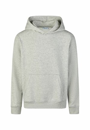 Hellgrauer Hoodie aus einem Baumwollmischgewebe. Verfügt über eine Fronttasche, eine verstellbare Kapuze mit Zugkordel sowie gerippte Bündchen und einen gerippten Saum.