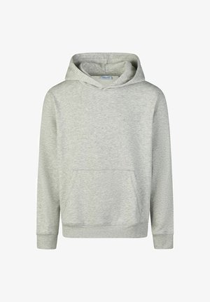 Jasnoszary hoodie wykonany z dzianiny bawełnianej. Posiada przednią kieszeń, regulowany kaptur na sznurki oraz ściągacze przy mankietach i u dołu.