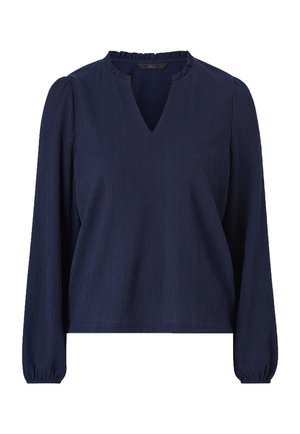 Navyblauwe pullover met lange mouwen, V-hals en een gestructureerde stof; heeft gathered manchetten en een subtiele gerimpelde kraag.