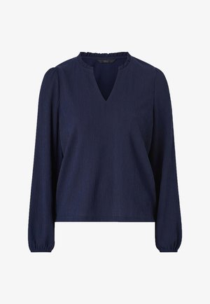 Navyblauwe pullover met lange mouwen, V-hals en een gestructureerde stof; heeft gathered manchetten en een subtiele gerimpelde kraag.
