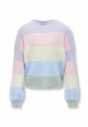 Pull à côtes multicolores avec des rayures horizontales en lavande, rose, jaune pâle, bleu et vert menthe, avec un col rond et des manches longues.