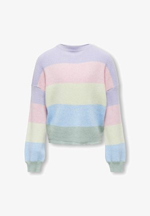 Multikleuren geribbelde trui met horizontale strepen in lavendel, roze, lichtgeel, blauw en muntgroen, met een ronde halslijn en lange mouwen.