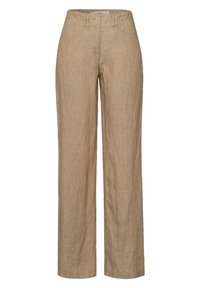 Pantalon en lin beige à coupe droite, avec poches avant, fermeture par bouton, et texture visible pour un look décontracté.