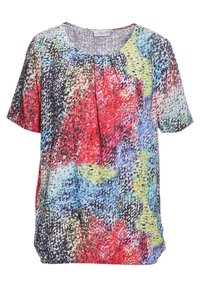 Mehrfarbige kurzärmelige Bluse mit Rundhalsausschnitt, abstraktem Spritzmuster in Rot, Blau, Grün und Schwarz sowie leicht strukturierter Oberfläche.