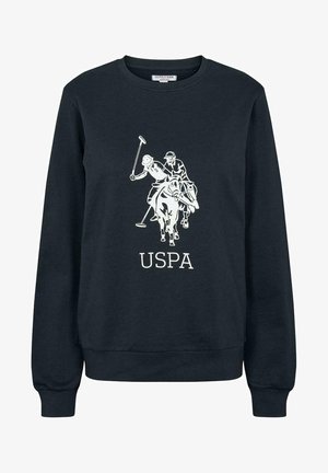 Sweat-shirt bleu marine avec un motif blanc de deux joueurs de polo à cheval et le texte "USPA" centré sous le motif.