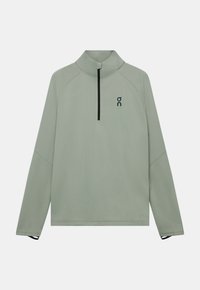 Hellgrüner Langarm-Pullover mit halbem Reißverschluss am Ausschnitt, Raglanärmeln und kleinem Logo. Glatter Stoff mit feiner Struktur.