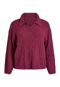 Burgundin värinen neulottu villapaita, jossa on V-pääntie ja kaulus. Paitassa on teksturoitu palmikkokuvio, pitkät hihat ja väljä malli.