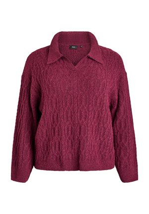Burgundski pleteni pulover z V-izrezom in ovratnikom, ki se ponaša z teksturiranim vzorcem kablov, dolgimi rokavi in ohlapno prileganjem.