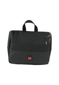 Zwarte stoffen tas met een rechthoekige vorm, voorzien van een bovenhandvat, ritssluiting en een klein rood logo op het voorpaneel.