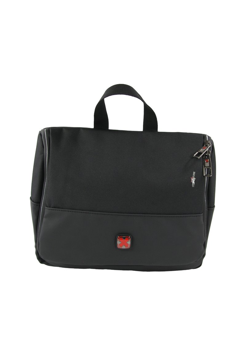 Zwarte stoffen tas met een rechthoekige vorm, voorzien van een bovenhandvat, ritssluiting en een klein rood logo op het voorpaneel.