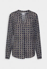 Navyblå och krämfärgad mönstrad långärmad blus med V-ringning, som har ett cirkulärt mönster och är tillverkad av mjukt, lätt tyg.