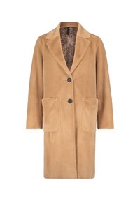 Cappotto in misto lana color beige con colletto a reveno, due tasche anteriori e chiusura con bottone marrone. Fodera con motivo leopardato.