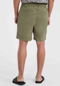 Olive green shorts made of lightweight fabric, featuring an elastic waistband, two back pockets, and a straight cut above the knee.