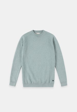 Light blue crewneck sweater with long sleeves and ribbed cuffs, collar, and hem, laid flat on a white background.