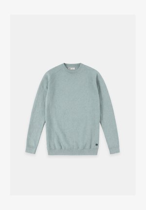 Light blue crewneck sweater with long sleeves and ribbed cuffs, collar, and hem, laid flat on a white background.