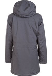 Veste à capuche grise avec une texture douce, une taille cintrée et un design à queue tombante. Présente des coutures renforcées le long des coutures.