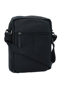 Borsa a tracolla in pelle nera con chiusura zip, tasca frontale, tracolla regolabile e superficie liscia. Presenta un design minimalista e dettagli di cucitura.