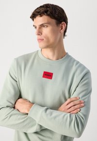 Giovane uomo con capelli corti castani che indossa una felpa verde chiaro con il logo rosso "HUGO", braccia incrociate, che guarda di lato su uno sfondo semplice.