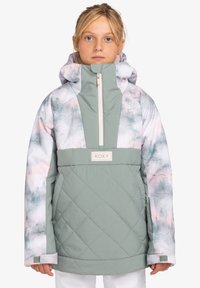 Lätt vadderad jacka med mintgrön kropp, pastellfärgat blommönster på ärmarna, halvdragkedja framtill och Roxy-logotypdetalj på bröstet.